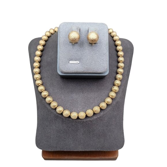 Crown Trifari 1960s Jewelry Set Metal Bead 16" Necklace & Clip On Earrings - Picture 1 of 16